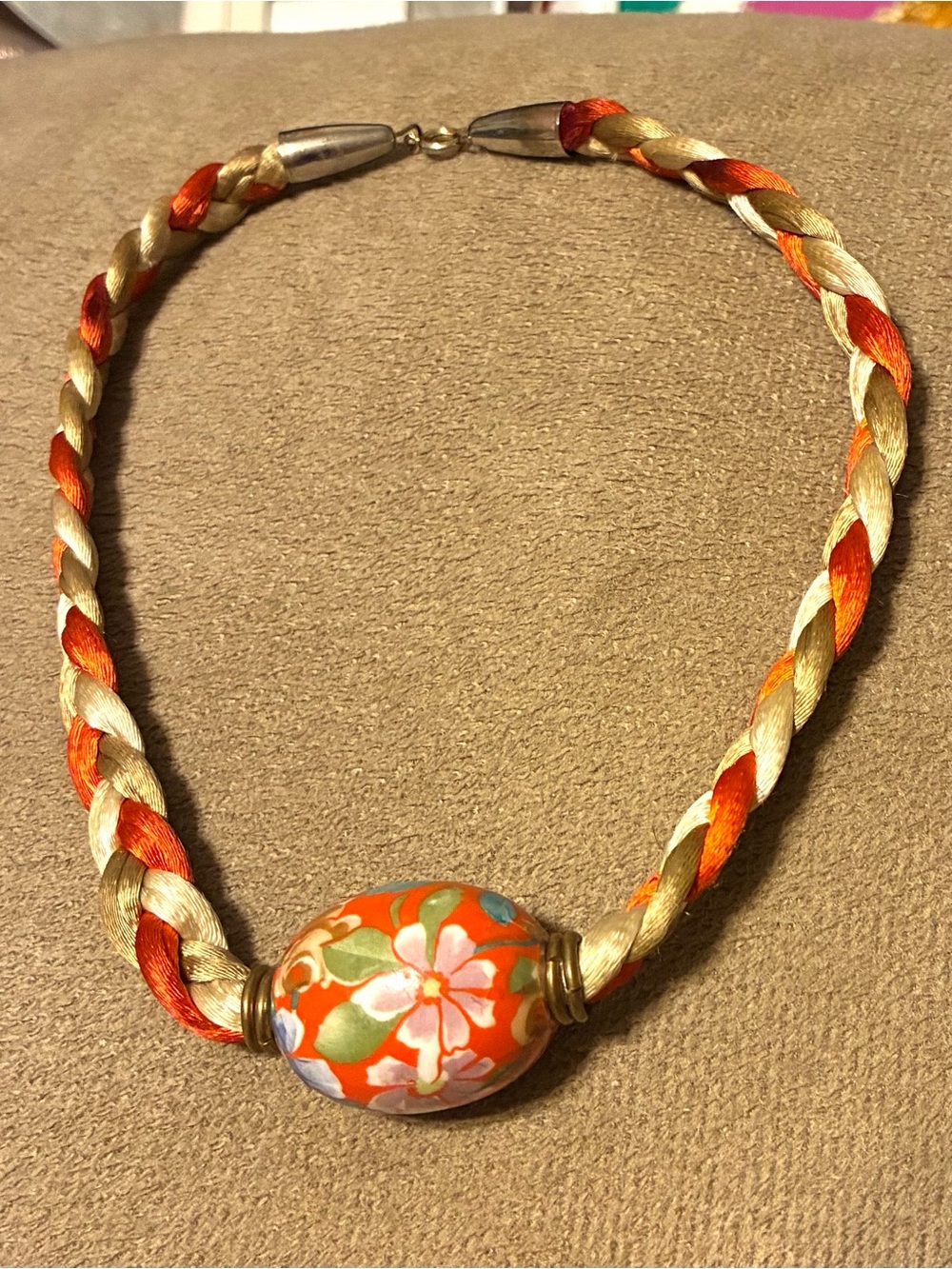 Handcrafted Floral Ceramic Bead Necklace in Orange and Gold